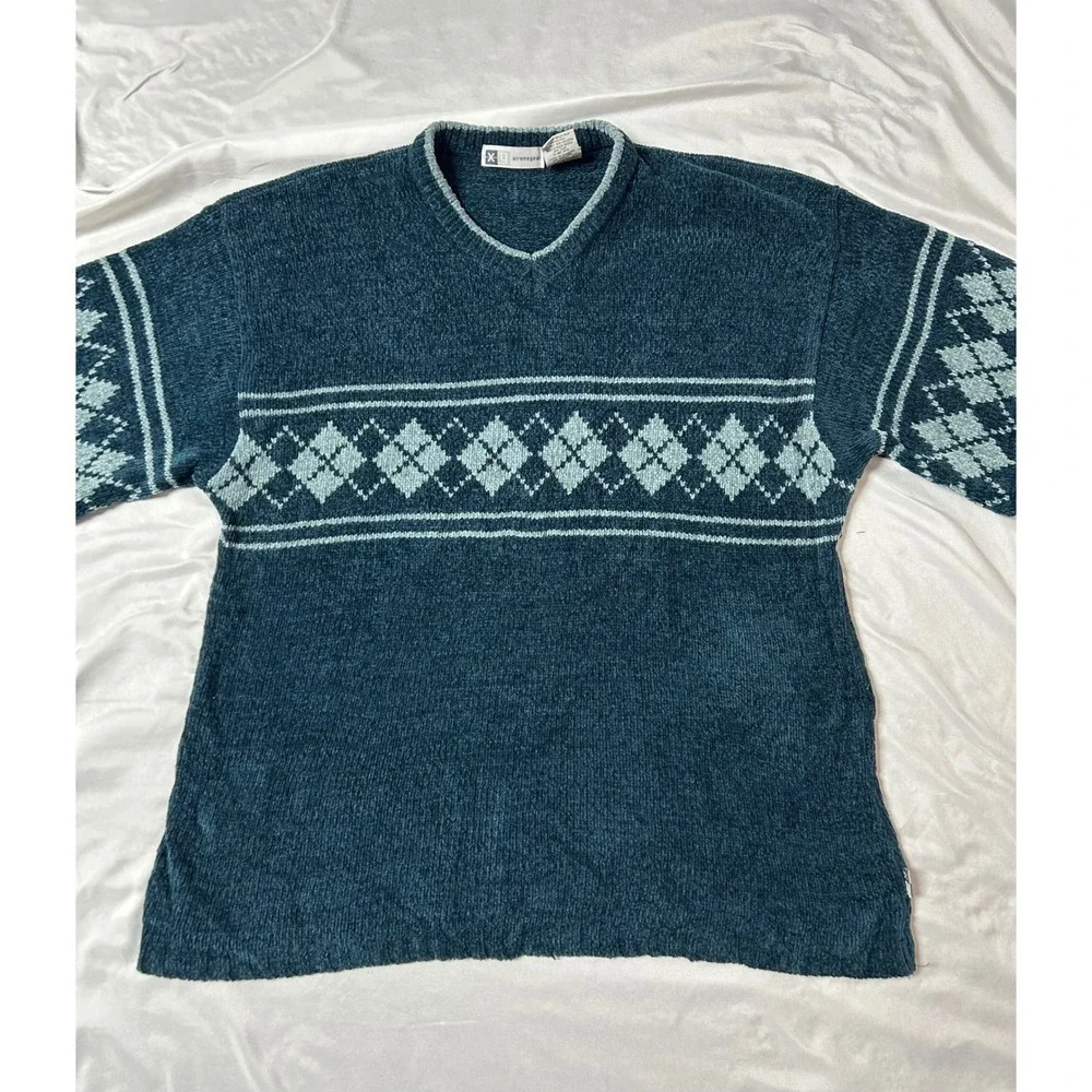 Xtremegear Mens Teal Chenille Argyle V-Neck Sweater Vintage Style Knit Nordic L